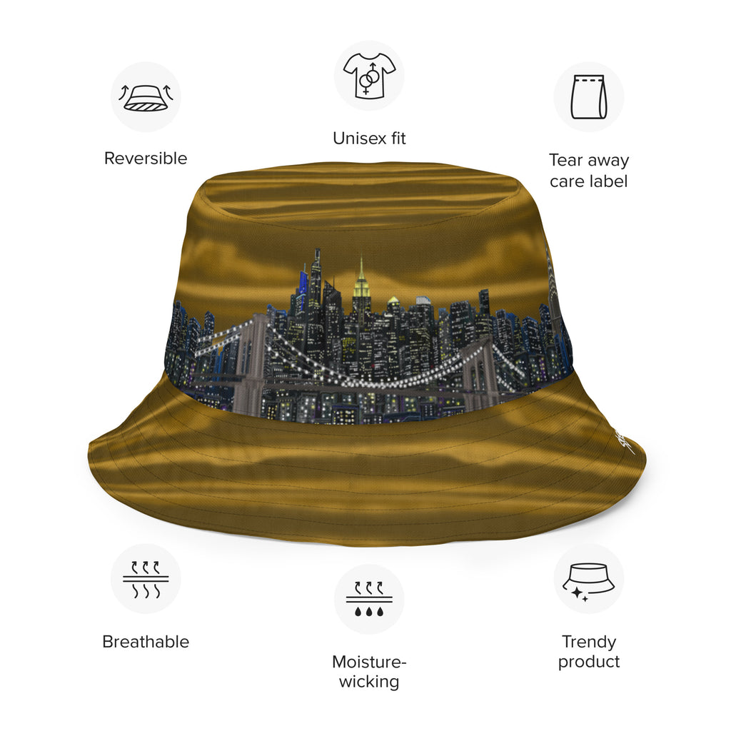 Viewing brown side of Reversible Bucket Hat Città D’Oro e Notte Brown Black designed by Loria NYC Art 