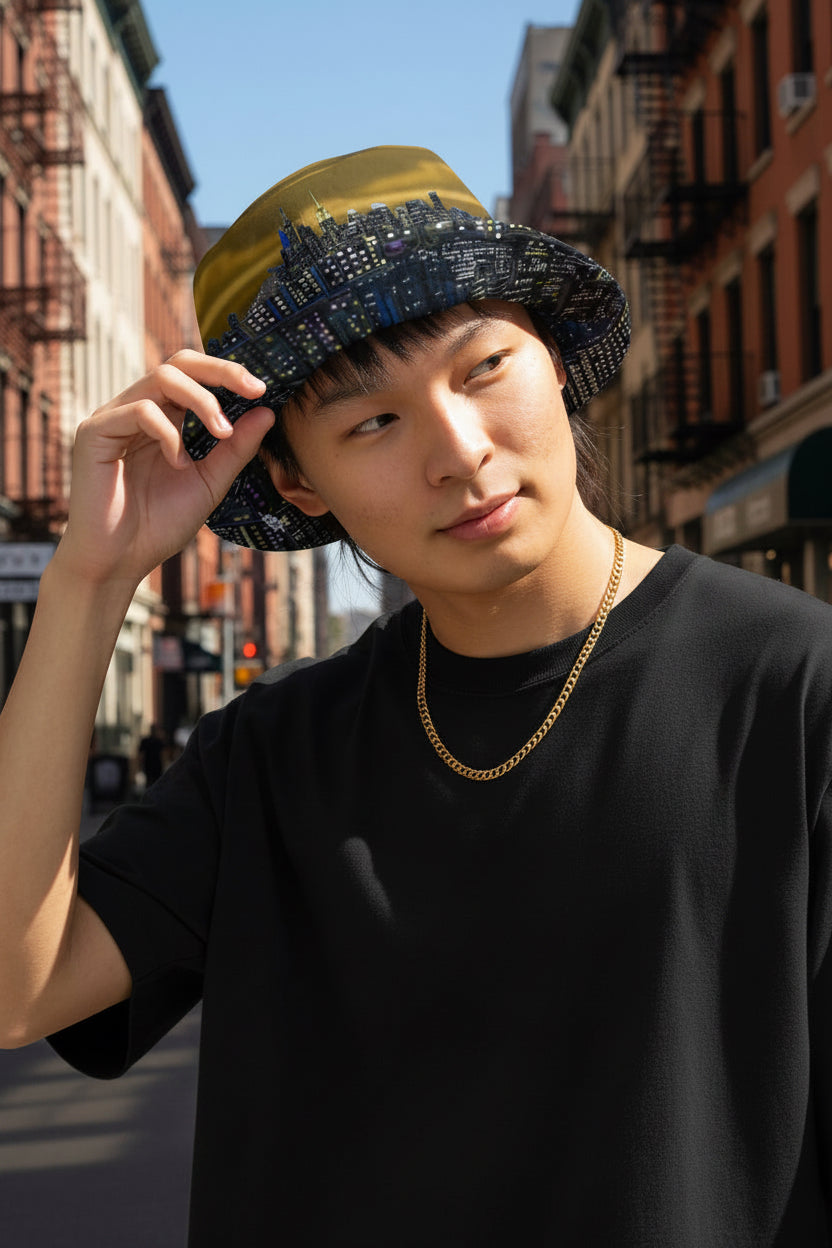 Person wearing a colorful Loria NYC Art bucket hat on a urban background