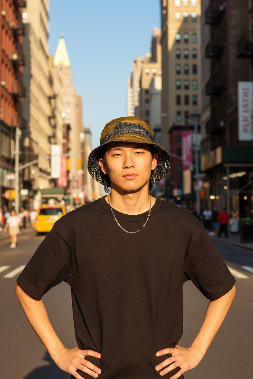 Person wearing a Loria NYC Art bucket hat with a cityscape design, holding a phone.
