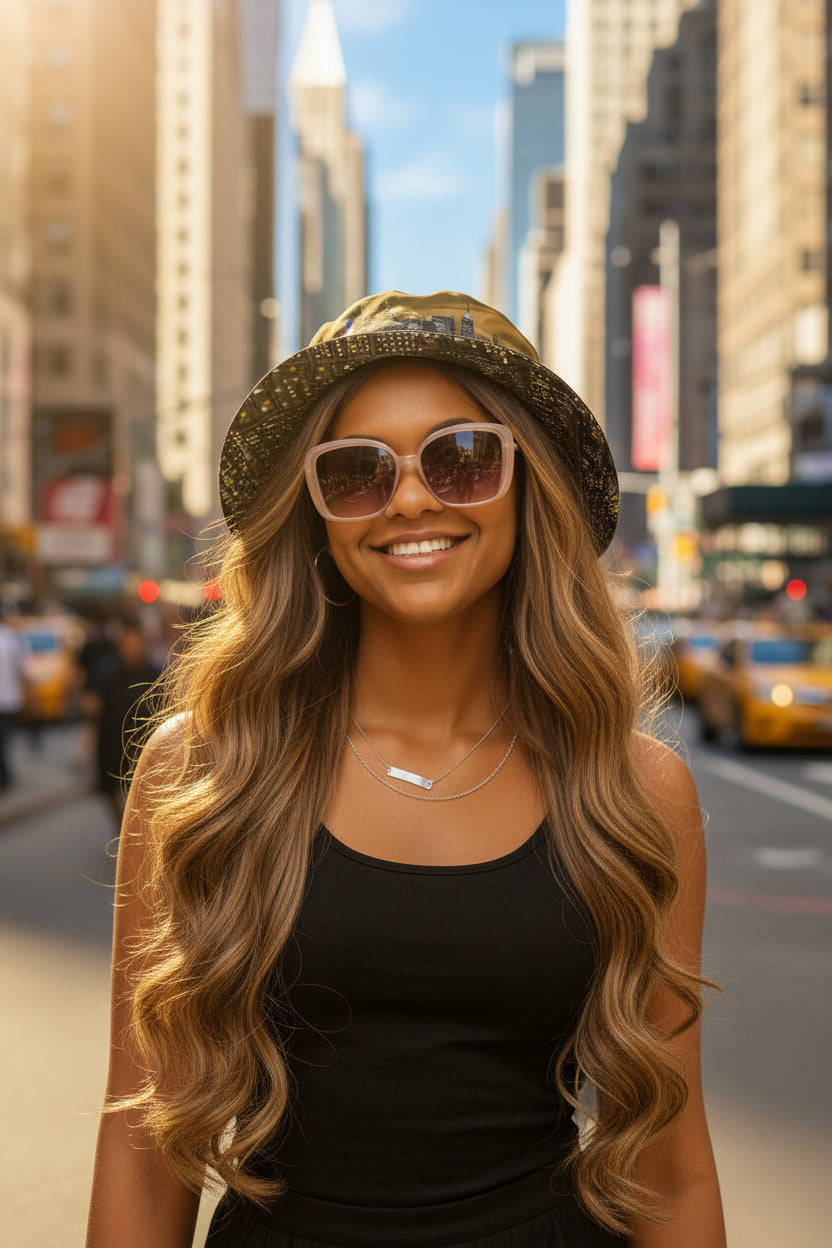 Woman wearing a black tank top, Loria NYC Art hat and sunglasses on an urban background