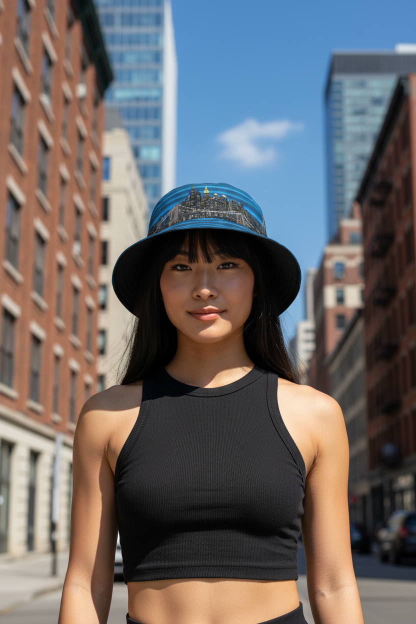 Woman wearing a black tank top and blue Loria NYC Art bucket hat in an urban setting