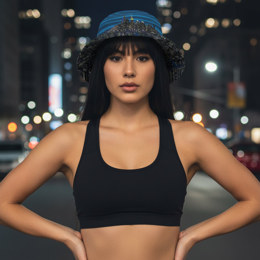 Person wearing a black and blue Loria NYC Art bucket hat on a white background