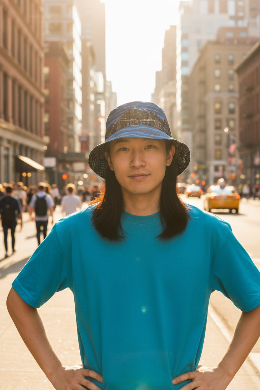 Person wearing a blue Loria NYC Art bucket hat with a cityscape design.