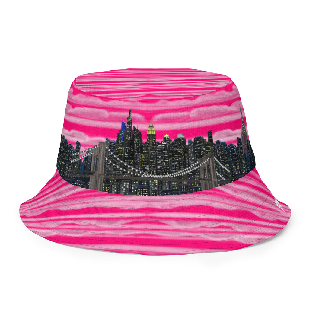 Artistic Reversible Bucket Hat with Città Rosa Vento Fuchsia NYC skyline designed by S.Loria NYC Art with Fuchsia pink white and black vibrant colors 