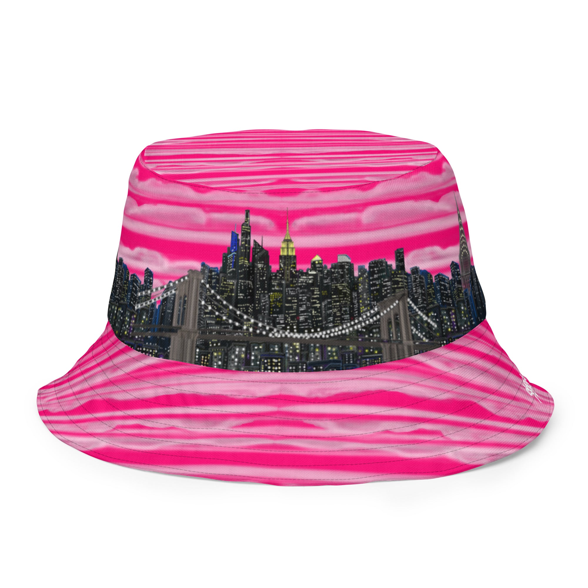 Artistic Reversible Bucket Hat with Città Rosa Vento Fuchsia NYC skyline designed by S.Loria NYC Art with Fuchsia pink white and black vibrant colors 