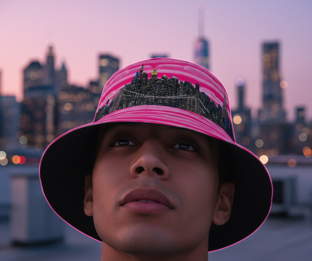 Person wearing a pink bucket hat with a cityscape Loria NYC Art design against a city skyline at dusk.