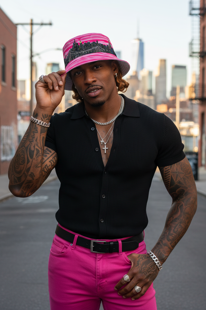 Man wearing a black shirt, pink pants, and a pink Loria NYC Art bucket hat with a cityscape background