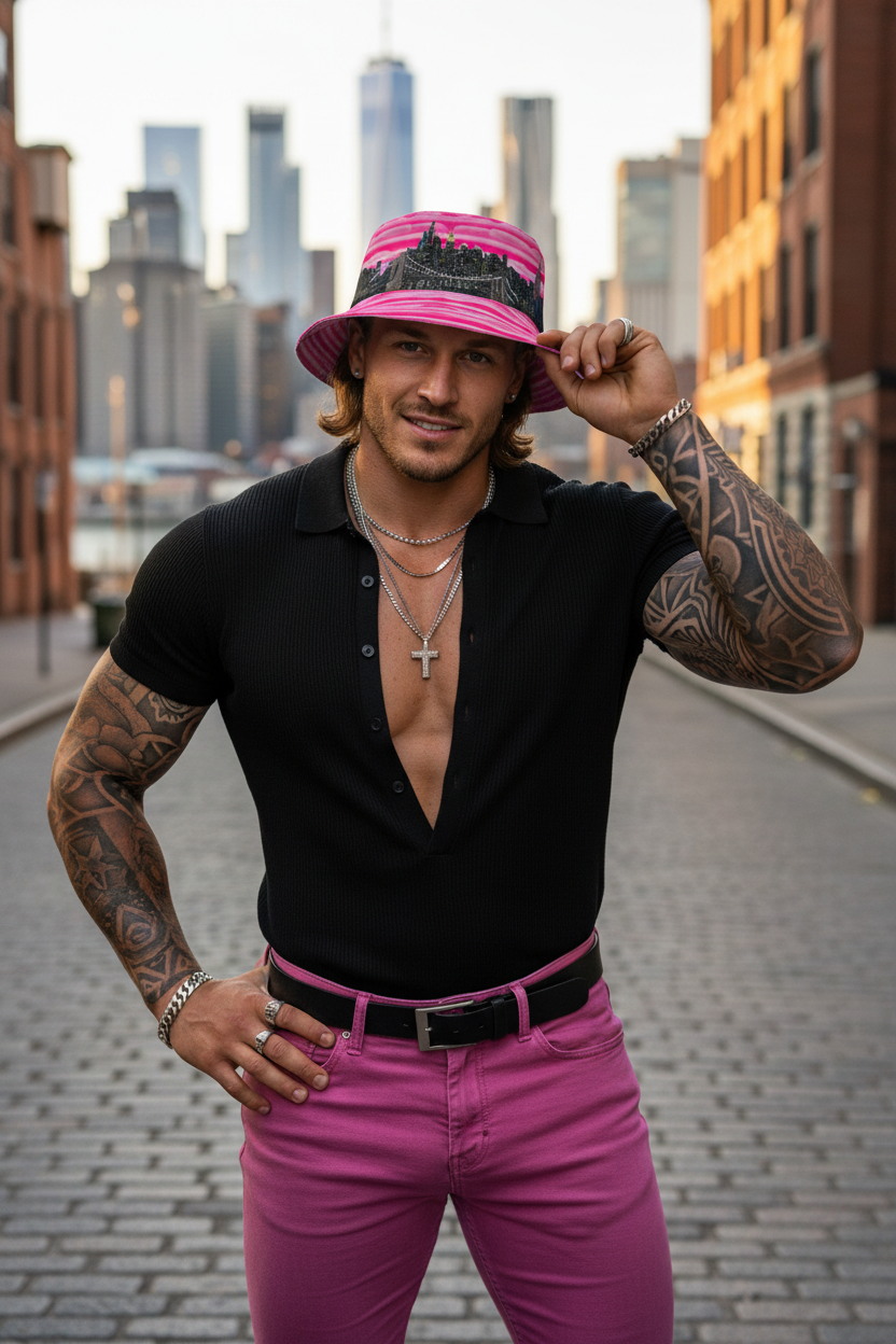 Man wearing a black shirt, pink pants, and a pink Loria NYC Art bucket hat in an urban setting.