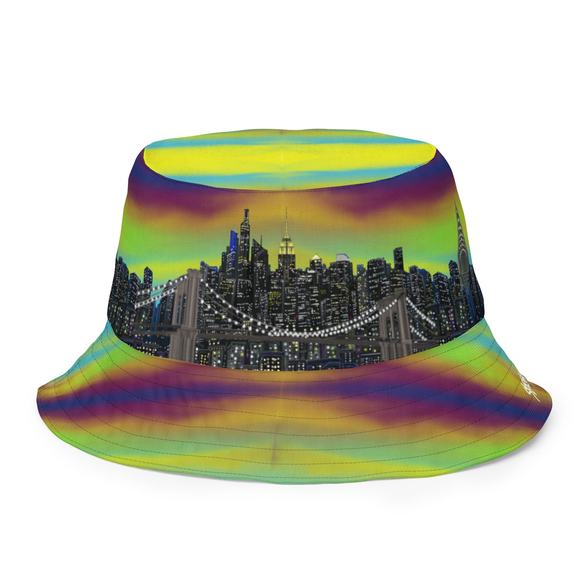 Reversible Bucket Hat with  Città Sole e Bosco Moody NYC skyline on both sides in different settings designed by S. Loria NYC Art