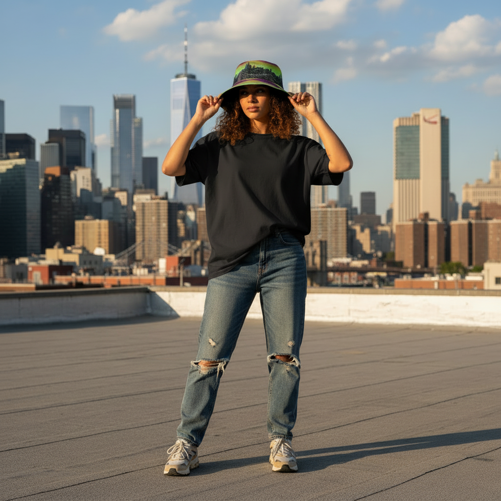 Person on a rooftop wearing a Loria NYC Art city skyline hat  