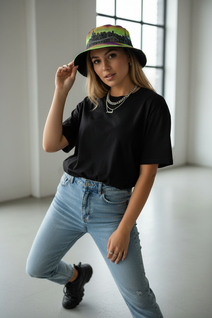 Woman wearing a white t-shirt, blue jeans, and a colorful Loria NYC Art bucket hat indoors.