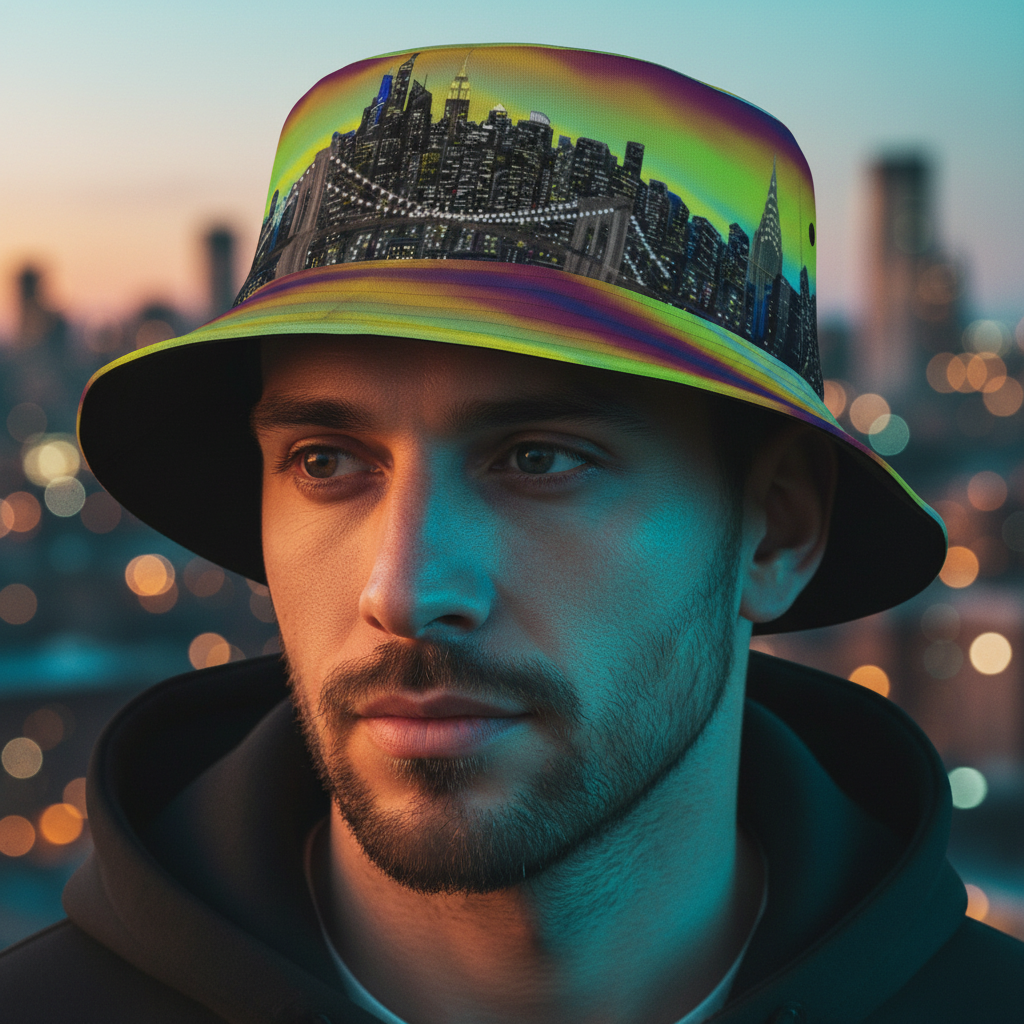 Man wearing a colorful bucket hat with a cityscape Loria NYC Art design against a blurred city lights background