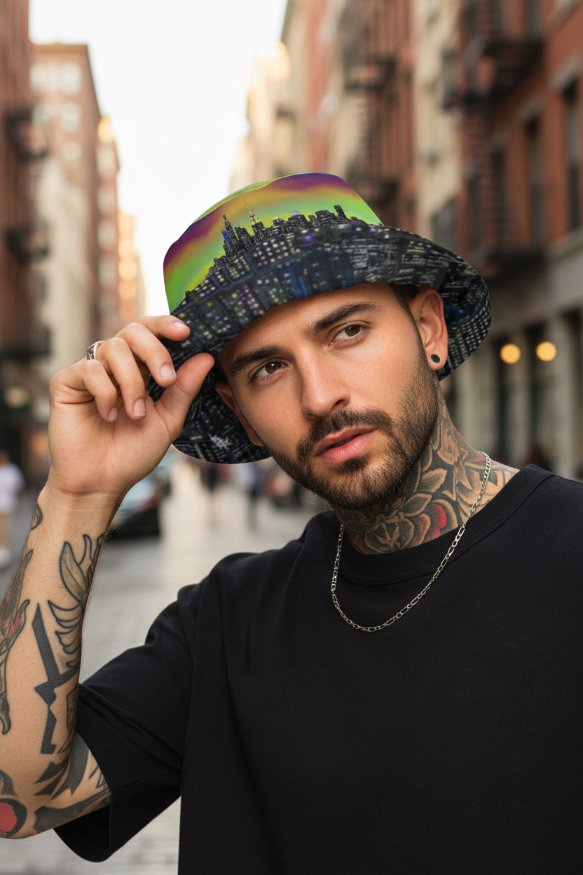 Man posing in a Reversible Bucket Hat with NYC skyline on both sides in different settings designed by S. Loria NYC Art