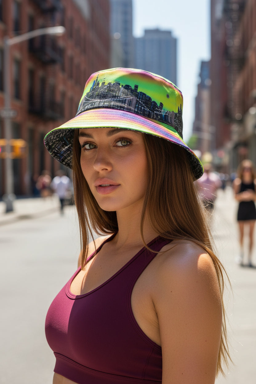 Person wearing a colorful bucket hat with a cityscape Loria NYC Art design, taking a selfie.