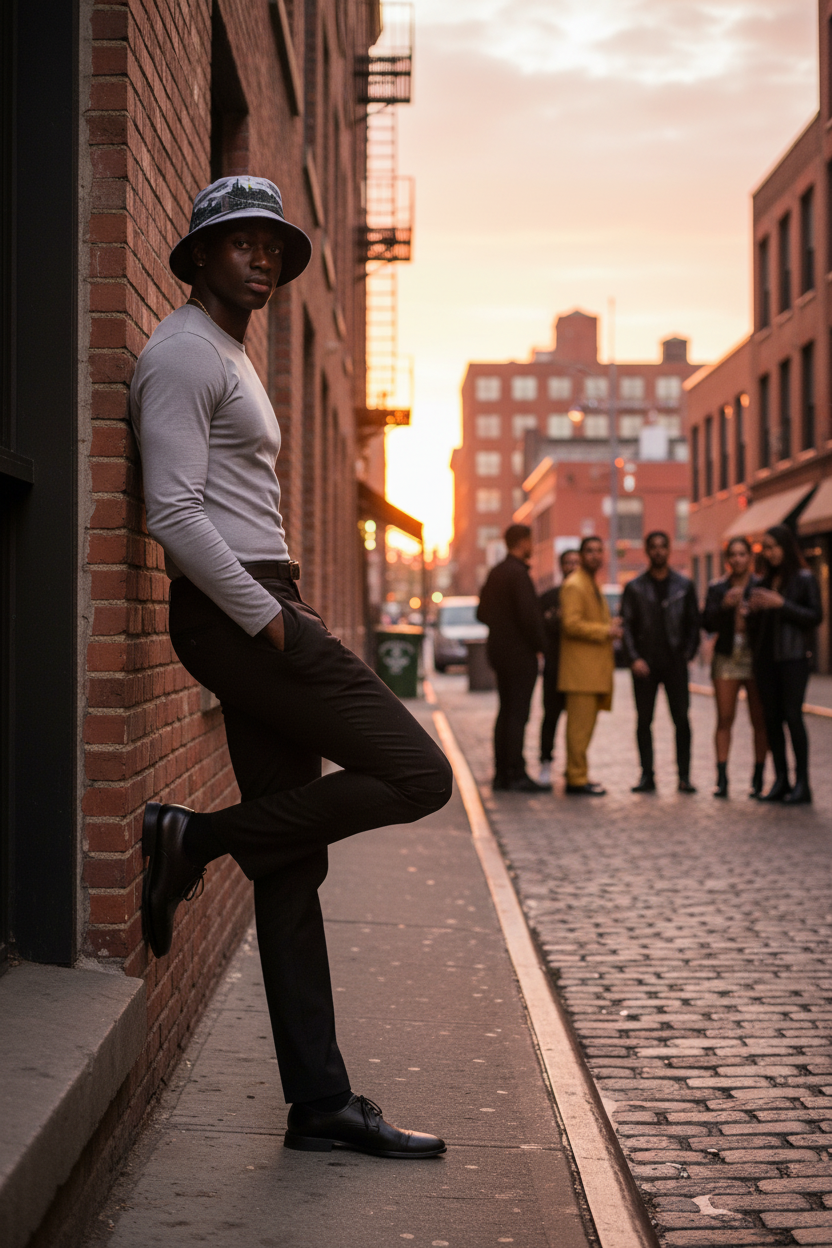 Male model in NYC wearing bucket hat designed by Loria NYC Art.