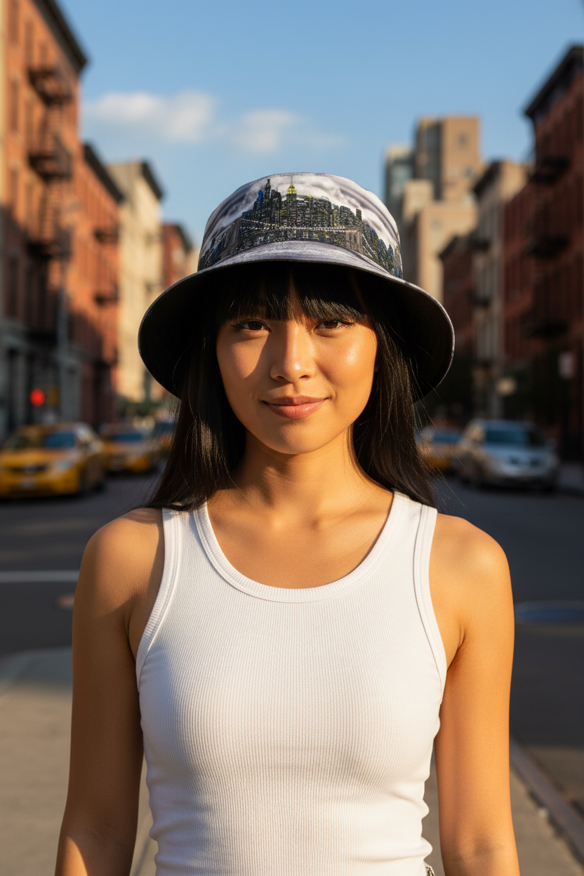 Woman wearing a Loria NYC Art bucket hat on a city street with buildings and taxis in the background