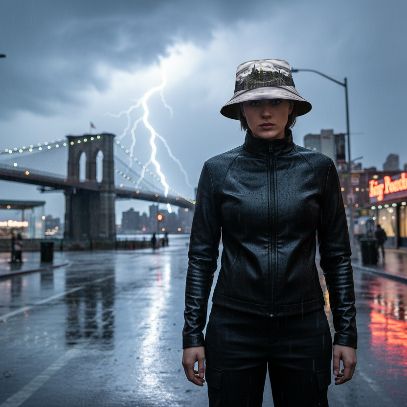 Person in black leather jacket and Loria NYC Art bucket hat standing on a rainy city street with lightning in the background