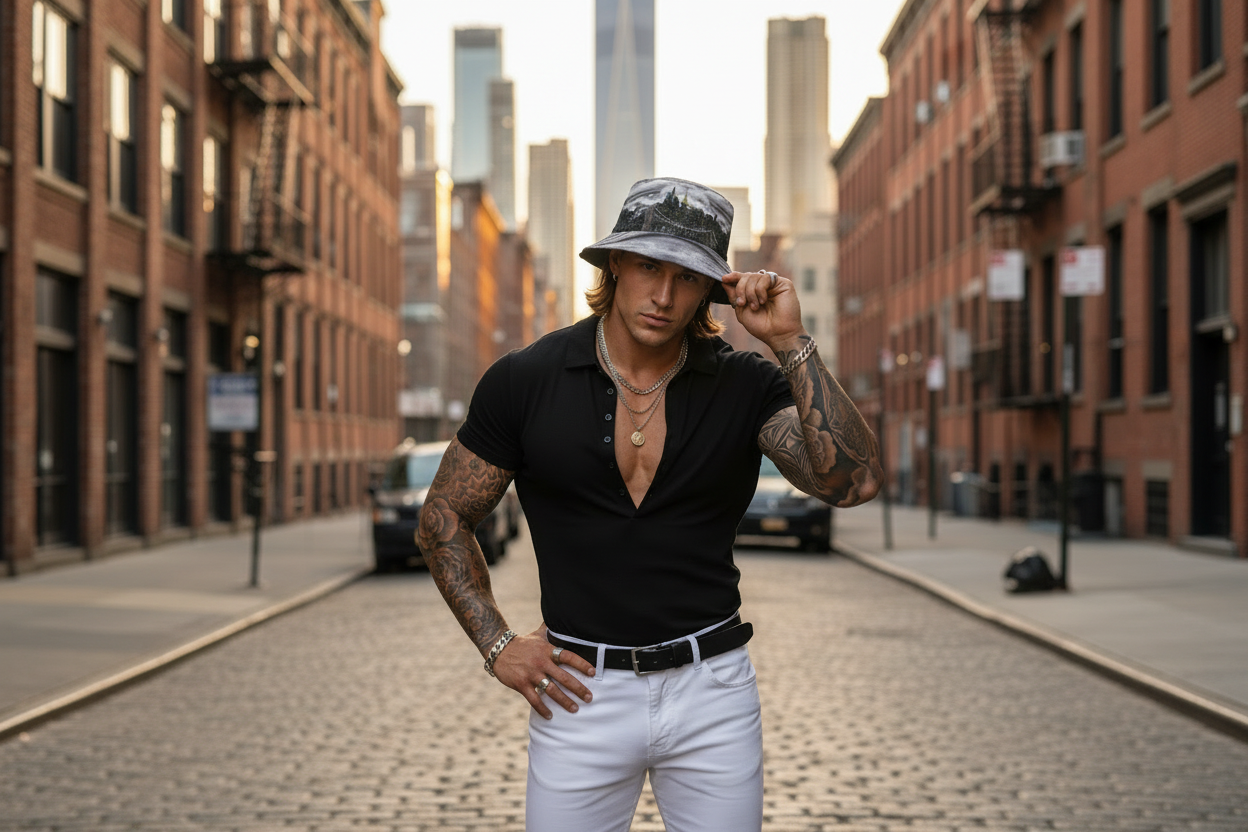 Man in black shirt and white pants and Loria NYC Art hat standing on a city street with tall buildings in the background