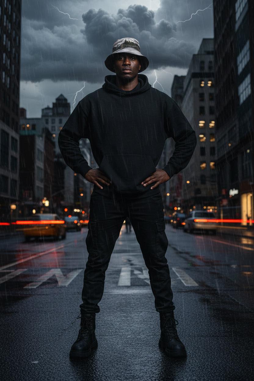 Person wearing a Loria NYC Art bucket hat and black t-shirt holding a phone in front of their face against a textured white wall.