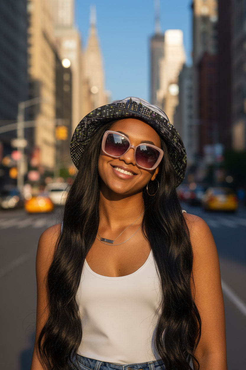 Woman wearing a white tank top, black Loria NYC Art hat, and sunglasses on a white background