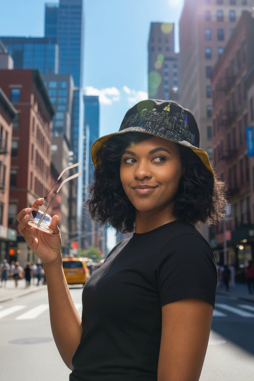 Woman wearing a Loria NYC Art hat on a city street with tall buildings in the background