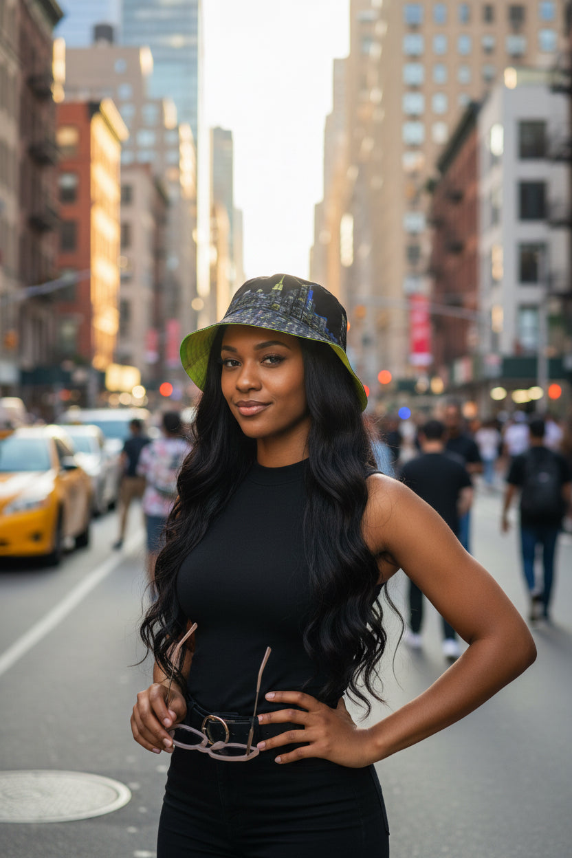 Women wearing a Reversible Loria NYC Art Bucket Hat with a city skyline in an urban setting.