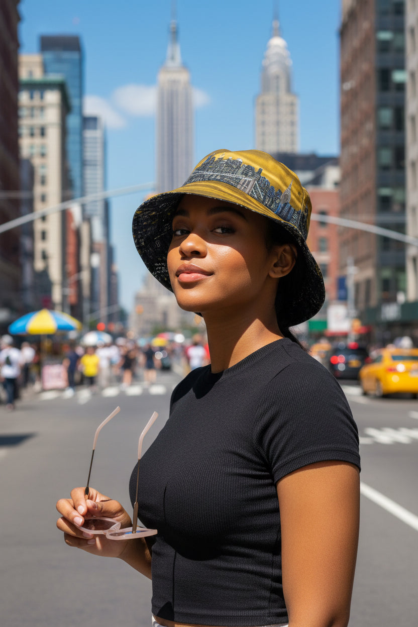 Women wearing brown Loria NYC Art in an urban background 