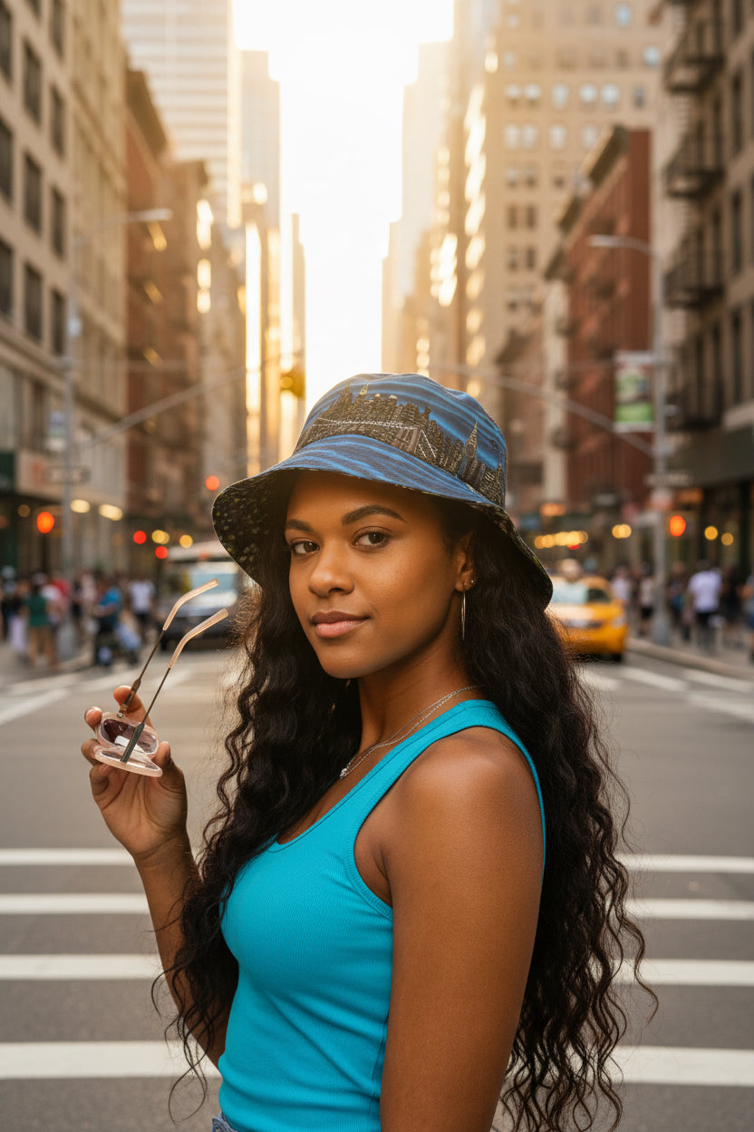 Woman wearing a blue Loria NYC Art cap and holding sunglasses, on a white background