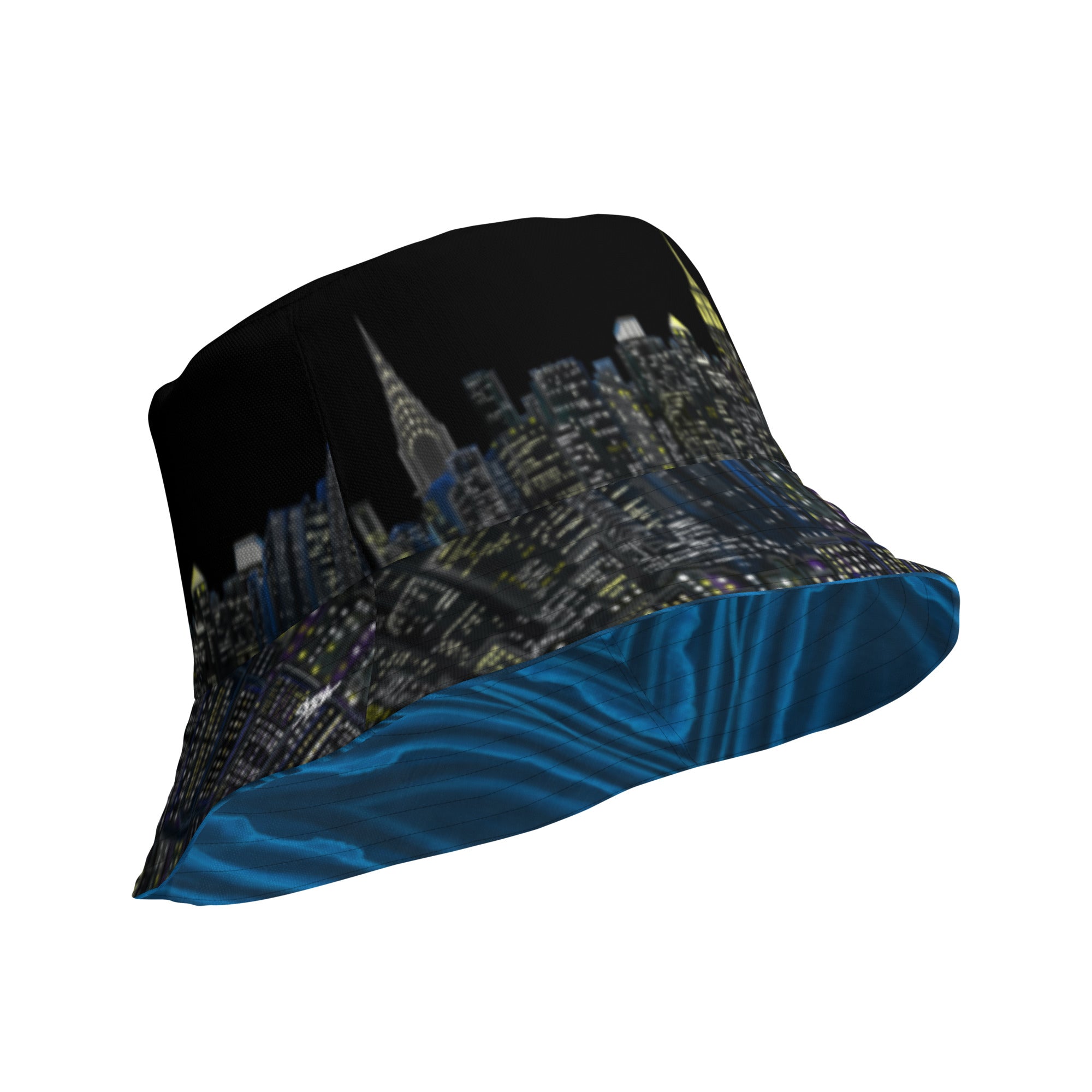 Reversible Bucket Hat with Loria NYC Art cityscape design.