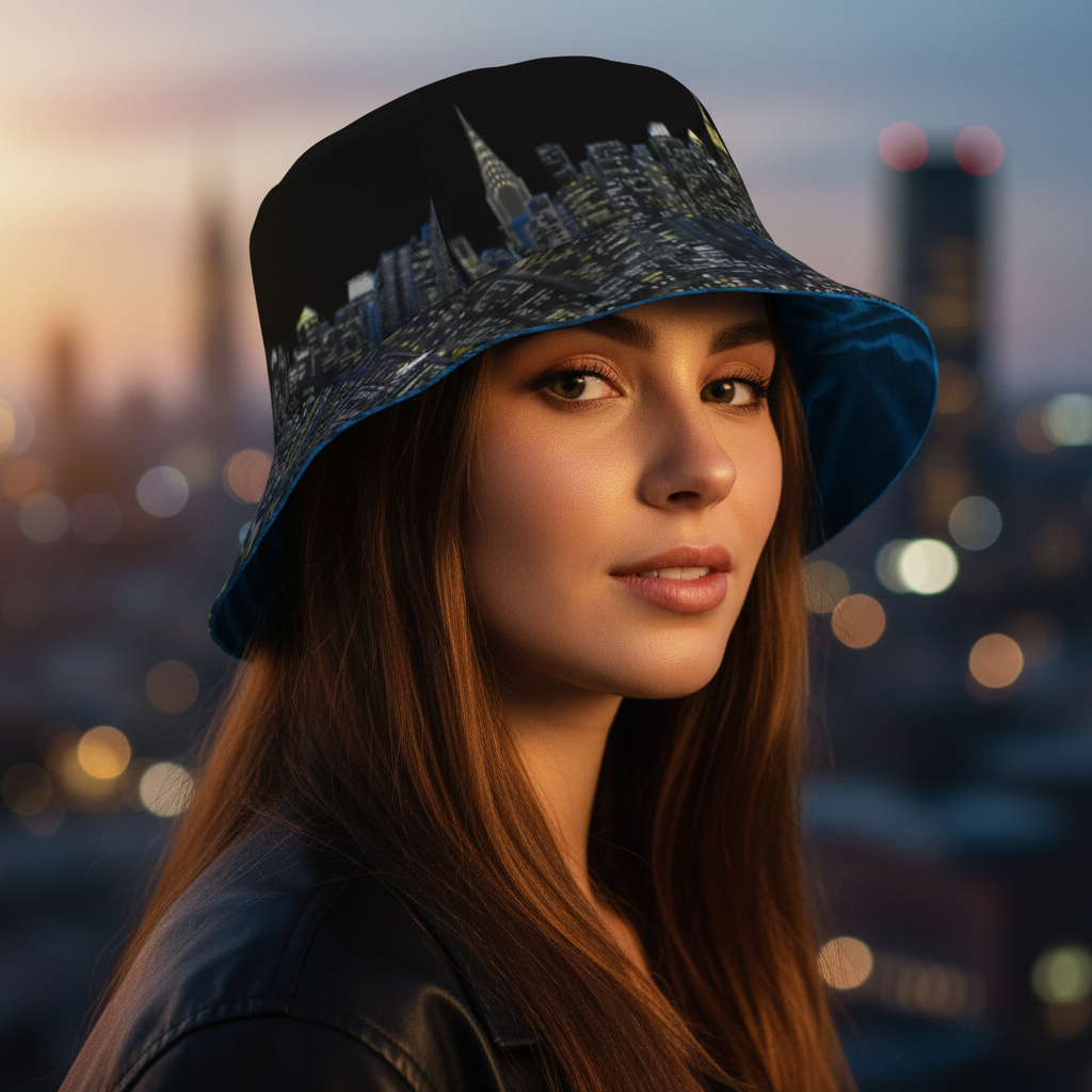 Woman wearing a bucket hat with a cityscape Loria NYC Art design against a blurred cityscape background