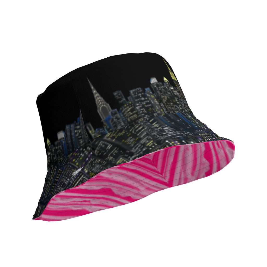 Reversible Bucket Hat with Città Rosa Vento Fuchsia NYC skyline designed by S.Loria NYC Art with Fuchsia pink white and black vibrant colors 
