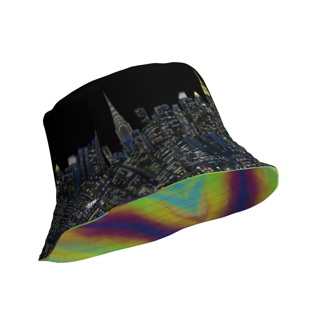 Reversible Bucket Hat with  Città Sole e Bosco Moody NYC skyline on both sides in different settings designed by S. Loria NYC Art