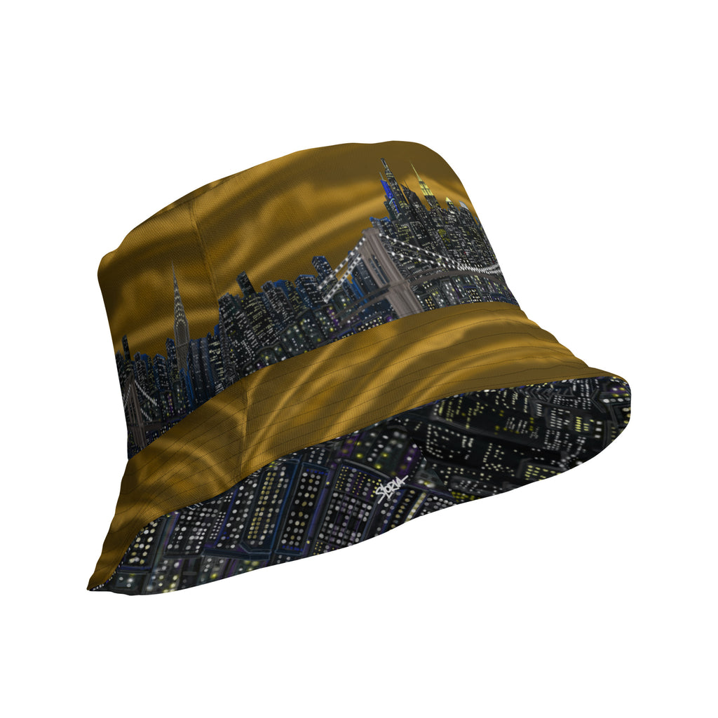 Reversible Bucket Brown sided Loria NYC Art hat on a white background