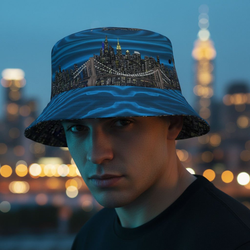 Person wearing a bucket hat with a cityscape Loria NYC Art design against a blurred city lights background