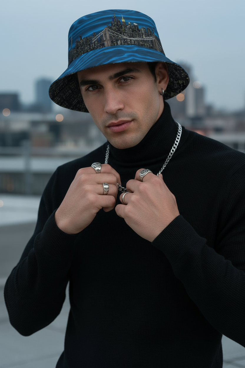 Man wearing a blue bucket hat with a cityscape Loria NYC Art design, black turtleneck, and multiple rings against an urban background.