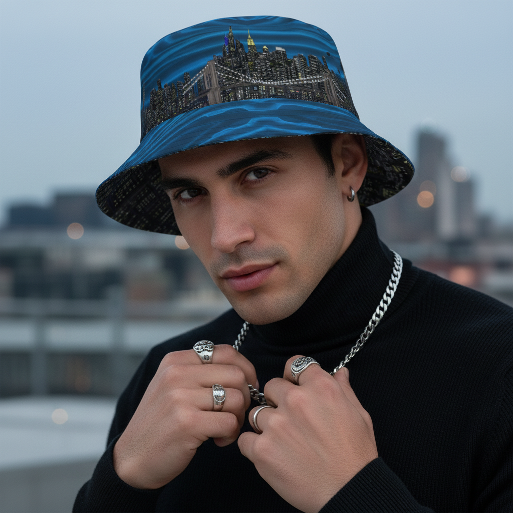 Man wearing a blue Loria NYC Art bucket hat with cityscape design and a black turtleneck sweater, standing against an urban background.
