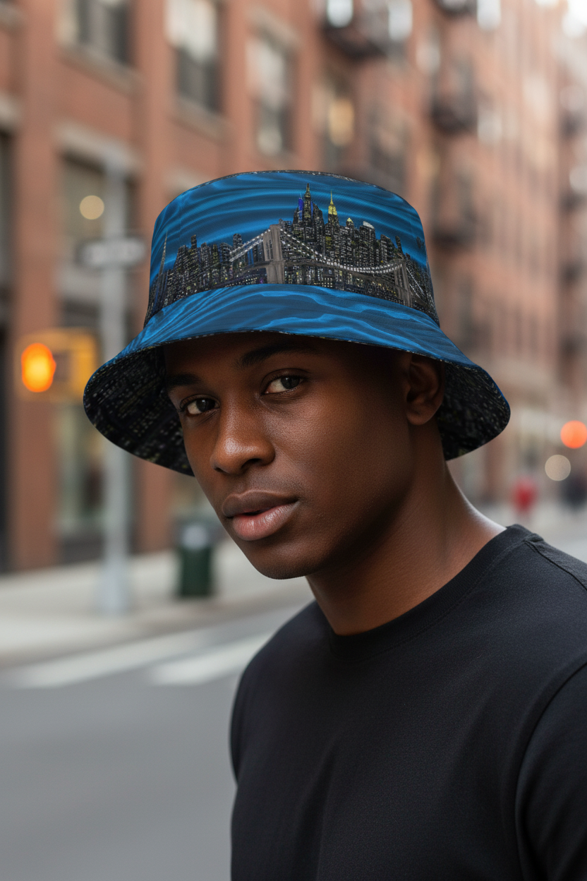 Person wearing a blue Loria NYC Art bucket hat with a cityscape design on an urban street.