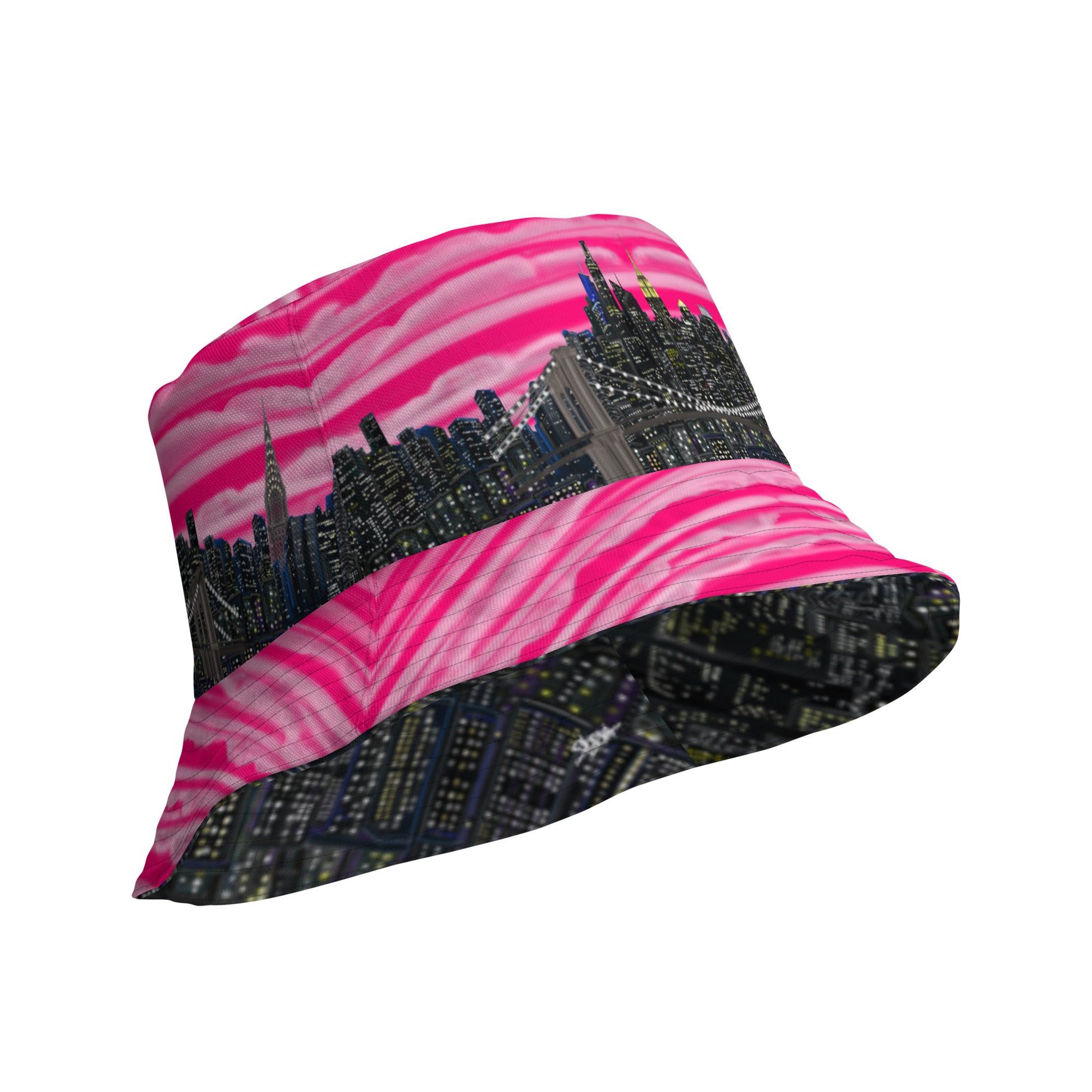 Artistic Reversible Bucket Hat with Città Rosa Vento Fuchsia NYC skyline designed by S.Loria NYC Art with Fuchsia pink white and black vibrant colors 