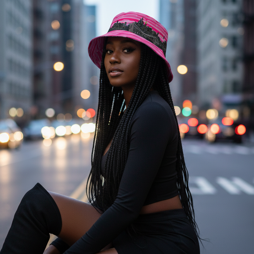 Woman wearing a fuchsia skyline Loria NYC Art bucket hat sitting on a city street at night with blurred lights in the background