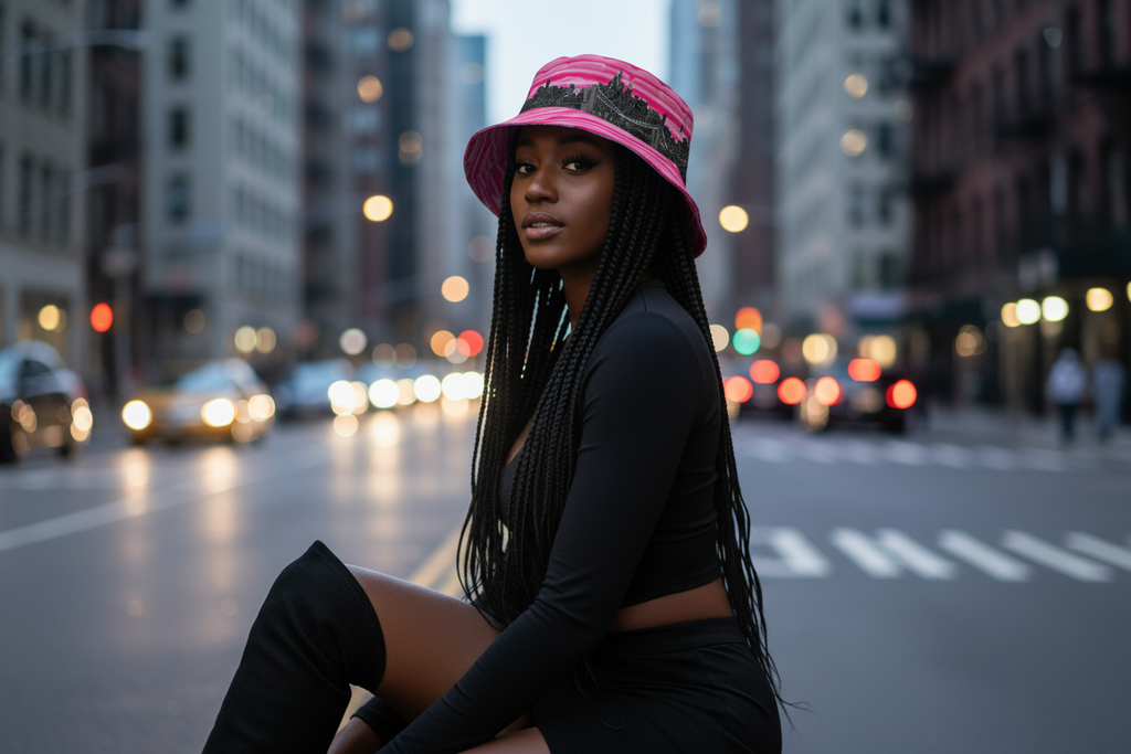 Woman in a pink bucket Loria NYC Art hat and black outfit sitting on a city street at night.