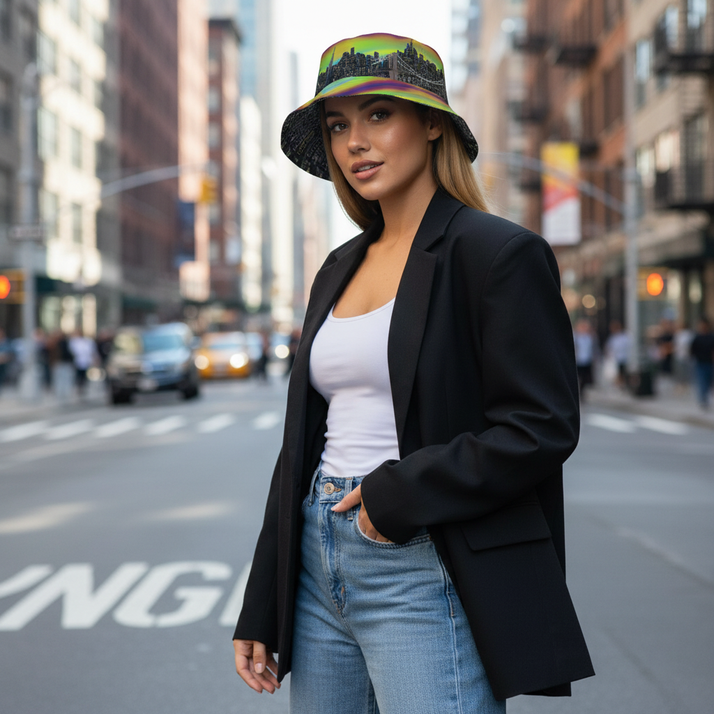 Woman in a black blazer, white top, and colorful Loria NYC Art bucket hat standing on a city street.