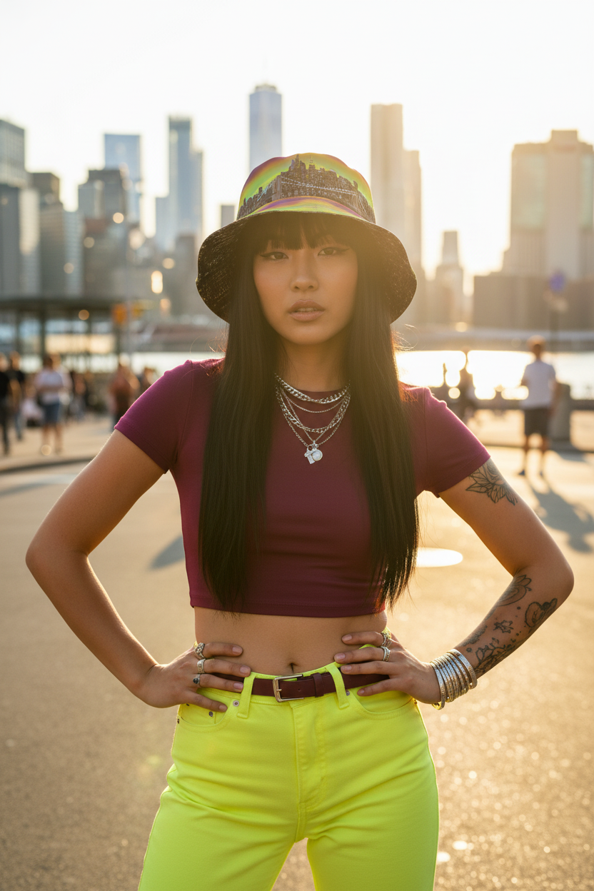 Person wearing a Loria NYC Art hat,maroon top and bright yellow pants with a city skyline in the background