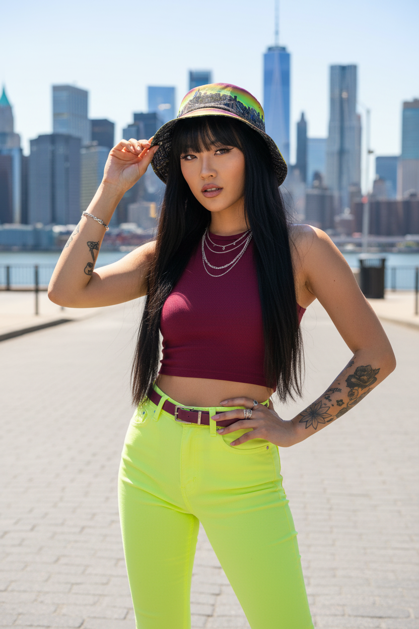 Woman in colorful Loria NYC Art hat and outfit with city skyline in the background