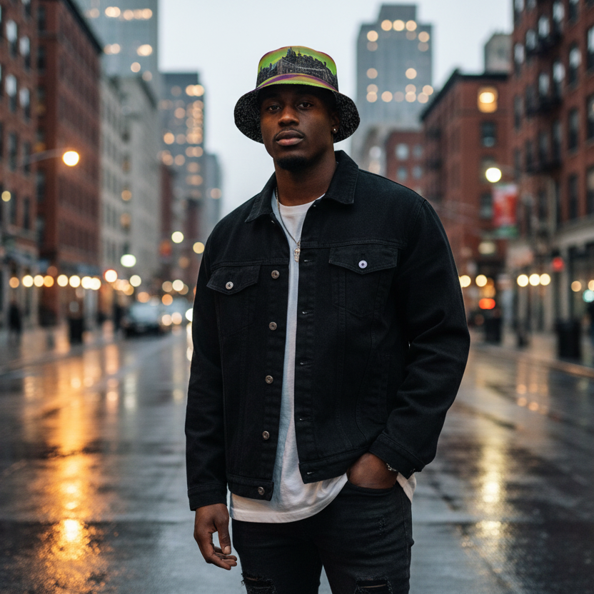 Man wearing a colorful Loria NYC Art hat standing on a city street at night with wet pavement reflecting lights