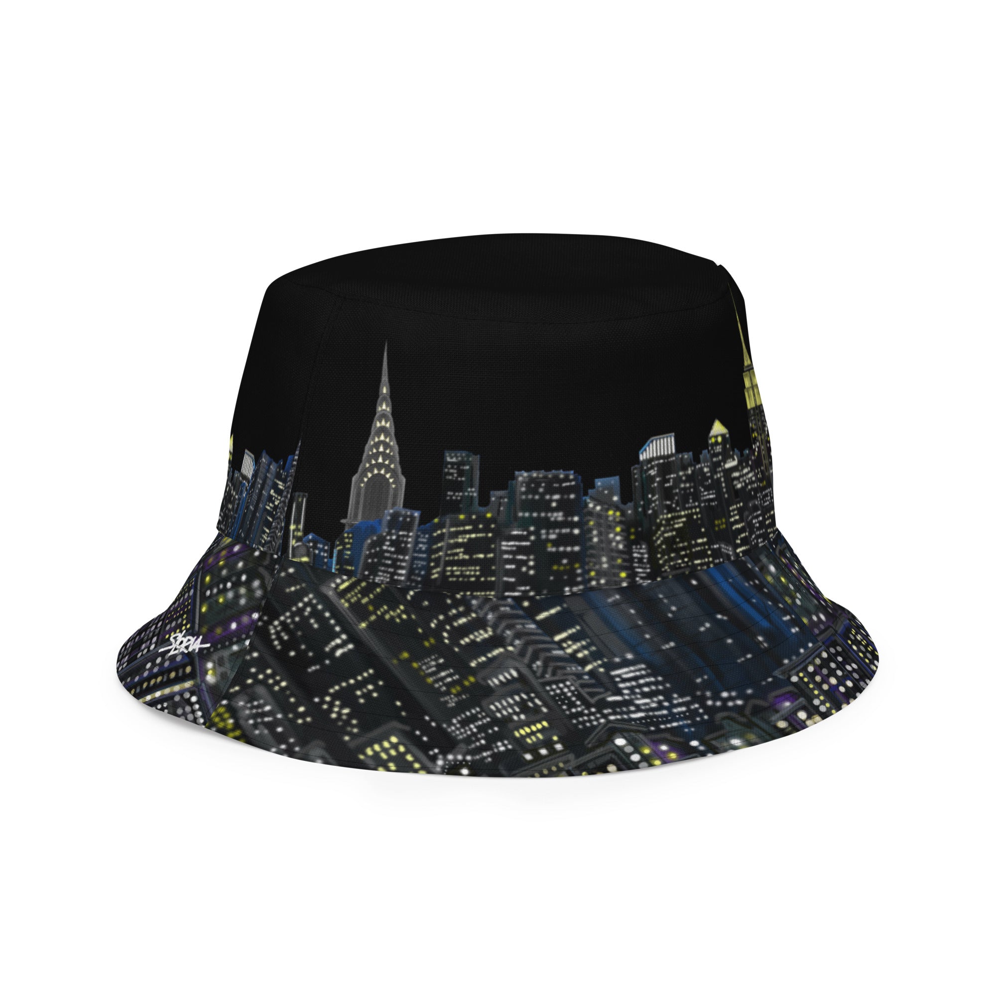 A Reversible Bucket Hat  Black side by Loria NYC Art on white background 