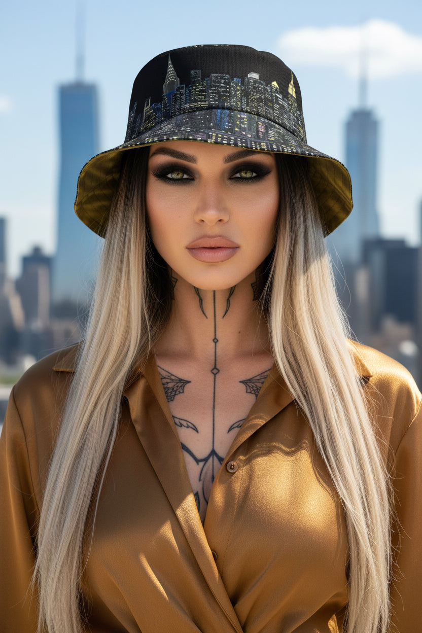 Female modeling Reversible Bucket Hat  Brown Black designed by Loria NYC Art 