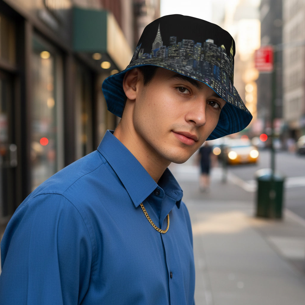 Person wearing a black bucket hat with Loria NYC Art on a white background