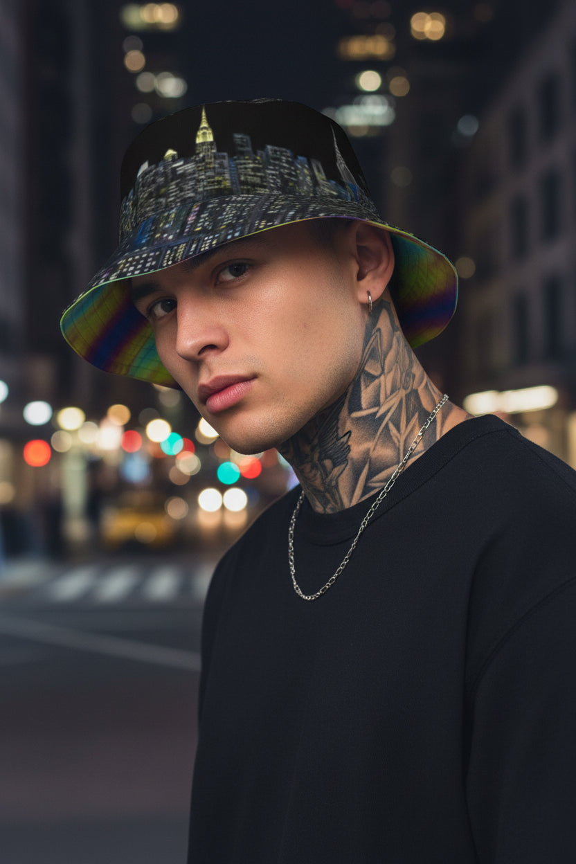 Man wearing a Reversible Bucket Hat with skyline Loria NYC Art designs.