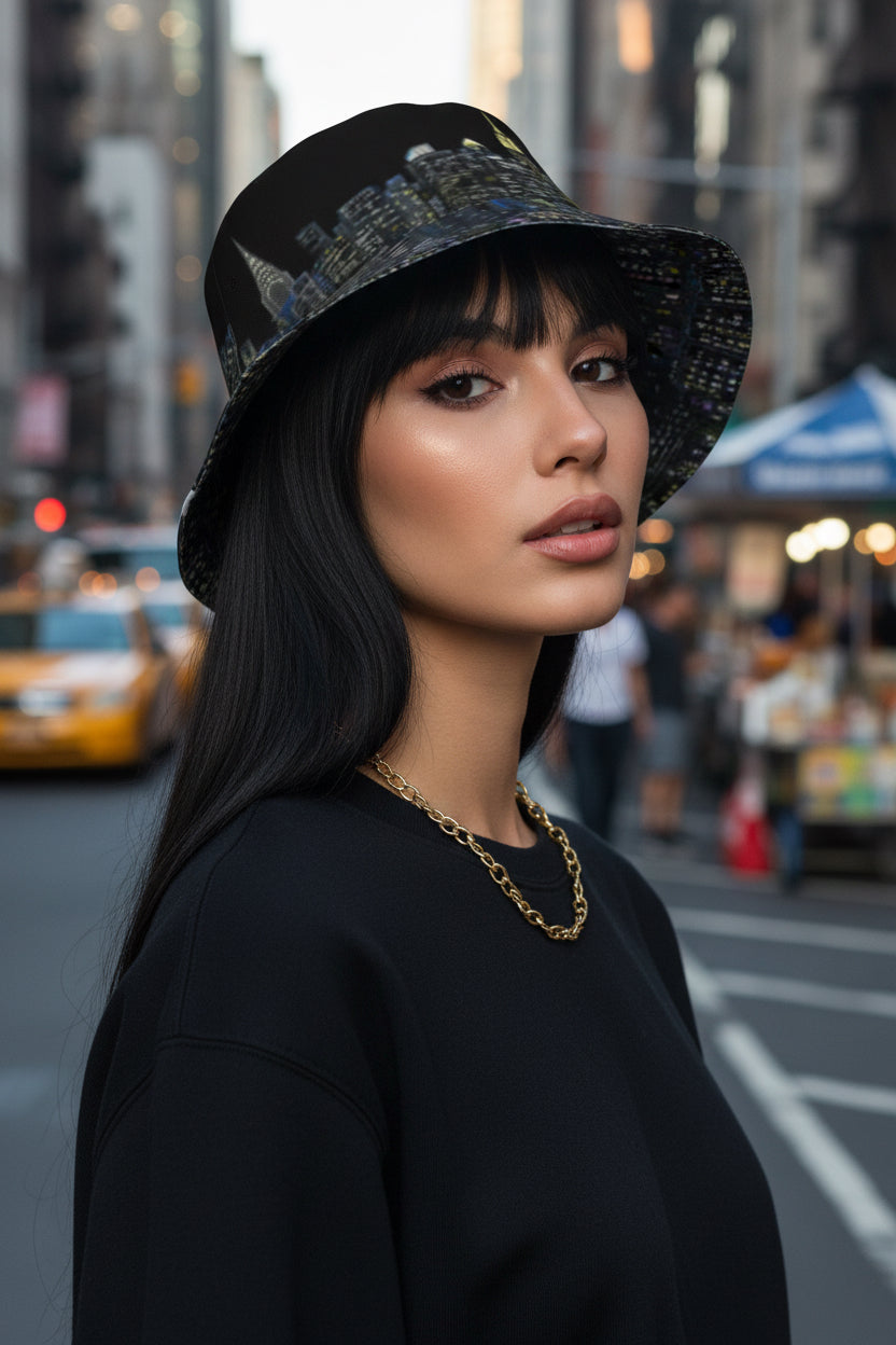 Female posing in Reversible Bucket Hat with NYC Skyline designed by S. Loria NYC Art