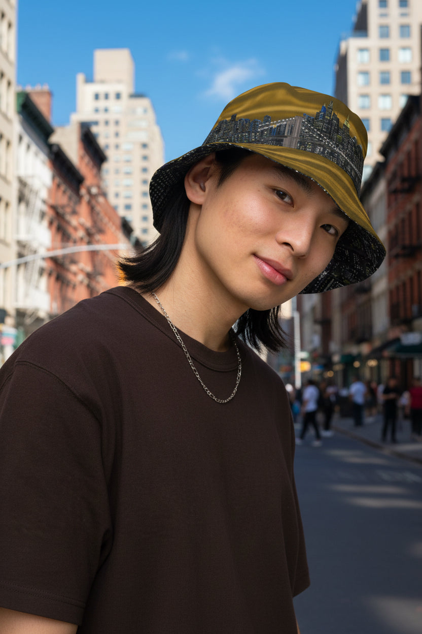 Person wearing a bucket hat with a cityscape Loria NYC Art design on a white background